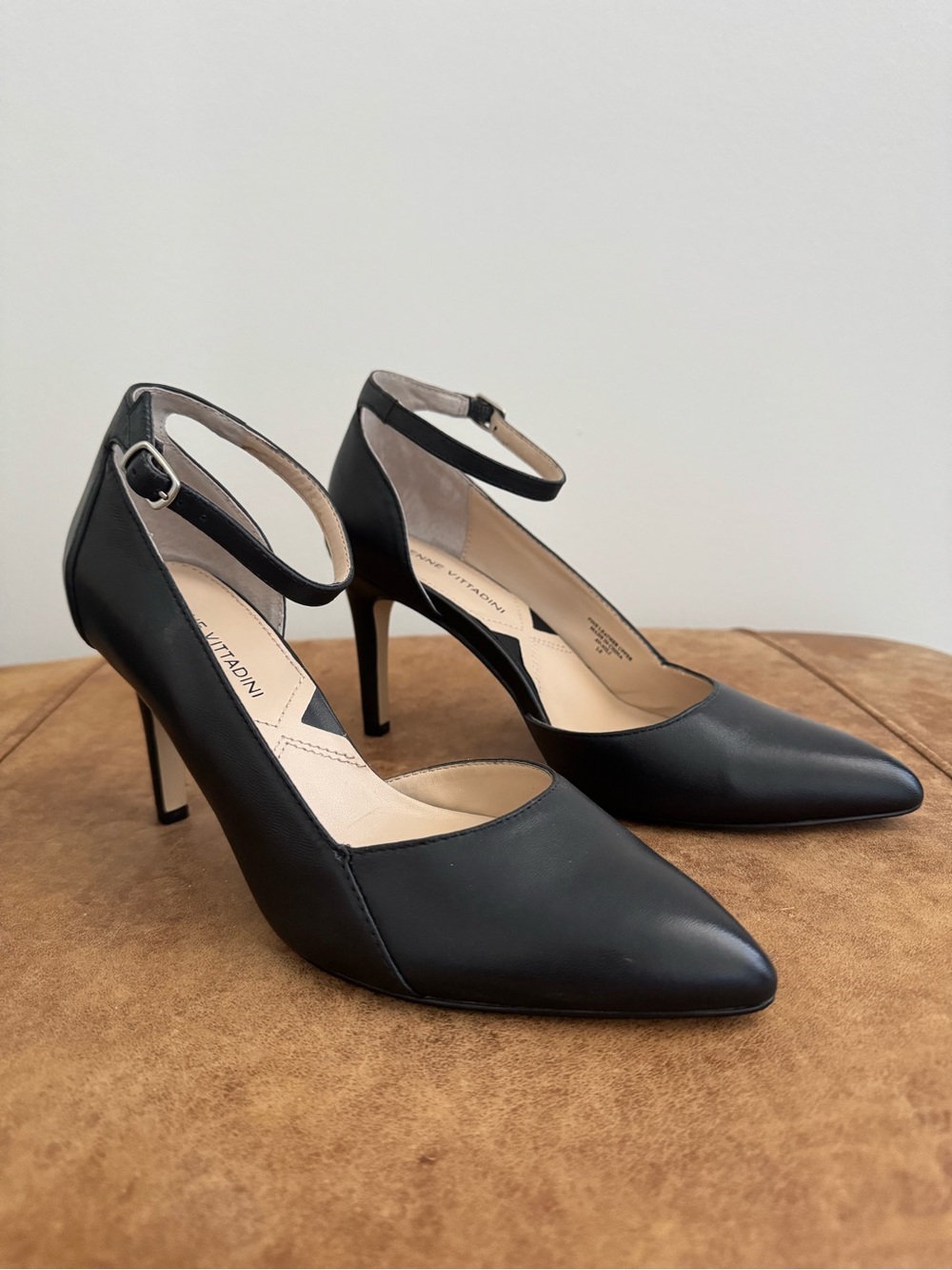 Black Leather Pointed-Toe Ankle-Strap Stilettos Heels